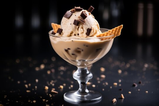 Coffee ice cream with chocolate chips and wafers in an elegant dessert glass, creating a tempting treat