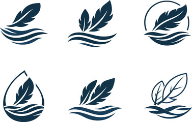 Obraz premium A set of six eco-friendly logo icons featuring green leaves positioned above simple blue water wave symbols. A large and comprehensive collection of eco-friendly logo designs featuring green leaves an