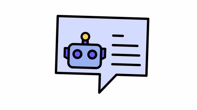 A cartoon illustration of a robot head inside a speech bubble with lines of text, representing AI communication or chatbot interaction.