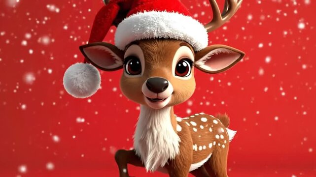 A cute cartoon animal wearing a festive hat on a bright red background