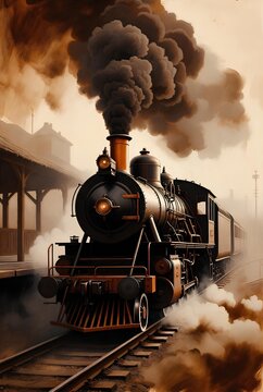 An antique black steam locomotive engine exhales thick smoke while traveling along a vintage railroad track through a dense forest, capturing the nostalgia of old rail transportation