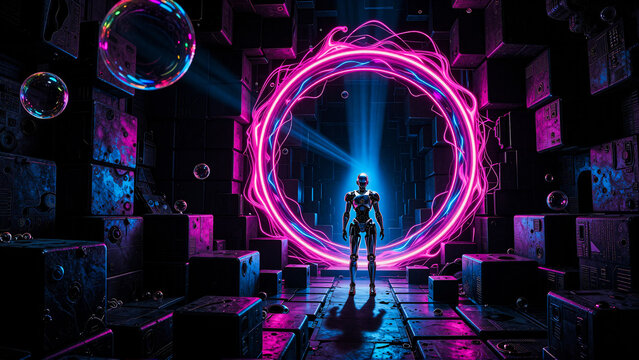 Cybernetic Sentinel at a Luminous Interdimensional Portal