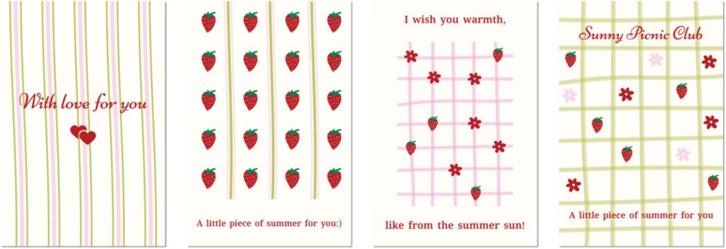 Summer postcard set with strawberries, flowers and cute patterns, aesthetic greeting cards with text for social media, print and invitations