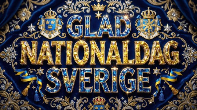 A luxurious crystal typography design where the large text &ldquo;Glad Nationaldag Sverige&rdquo; is formed from faceted gemstones in blue and yellow
