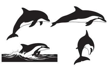 Obraz premium Dynamic black silhouette illustrations of dolphins leaping from water and swimming gracefully in ocean suggesting joy freedom and playful aquatic animal behavior