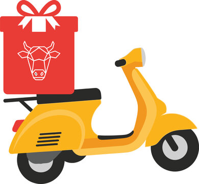 A yellow scooter with a red gift box on the back