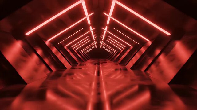 Futuristic Red Tunnel with Neon Lights and Reflections in 3D Rendering.