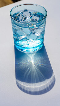 A glass filled with blue liquid and ice cubes on a white surface.