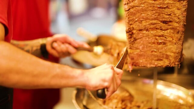 Professional chef slicing meat from a vertical rotisserie for traditional turkish doner kebab street food.