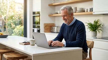 Fototapeta premium Smiling senior man using a tablet computer while relaxing on a comfortable sofa in a bright, modern living room at home.