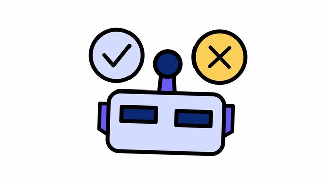Cartoon robot with checkmark and cross icons representing approval and rejection, illustrating AI decision-making or validation process.