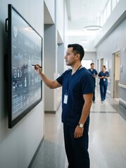 Fototapeta premium A male medical professional in blue scrubs using a large interactive digital screen to analyze patient data in a modern hospital hallway.