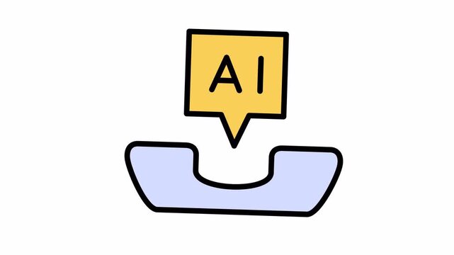 Cartoon illustration of a light blue telephone receiver with a yellow speech bubble containing 'AI' above it, symbolizing artificial intelligence communication.
