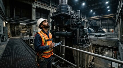 Fototapeta premium Male engineer in hard hat and safety vest standing inside a large scale industrial power plant or factory with heavy machinery and metal structures.