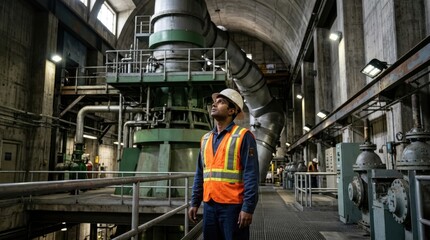 Fototapeta premium Male engineer in hard hat and safety vest standing inside a large scale industrial power plant or factory with heavy machinery and metal structures.