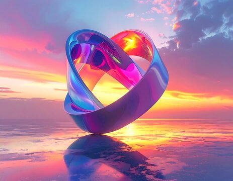 Iridescent Mobius strip reflects sunset on water