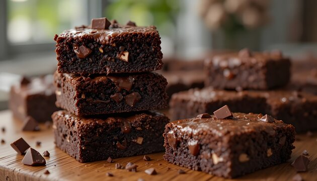 Fudgy chocolate brownies stacked on wooden table with melted chunks