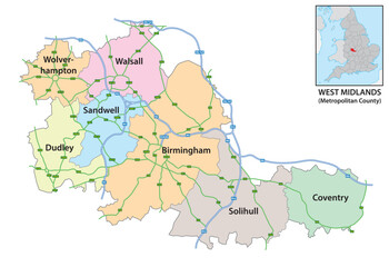 Fototapeta premium Map of the English Metropolitan County, West Midlands, UK