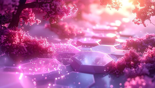 Blossoming pink trees surround a glowing hexagon-tiled path in a dreamlike, ethereal landscape bathed in warm light