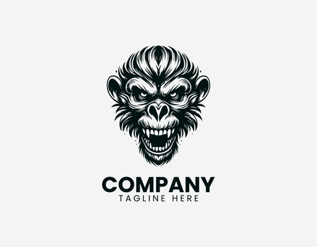 A fierce roaring monkey head is depicted with sharp teeth and intense expression in a bold black and white vector style.
