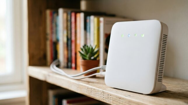 Close-up of a sleek white internet router with subtle status lights, representing the infrastructure of remote work with copy space.