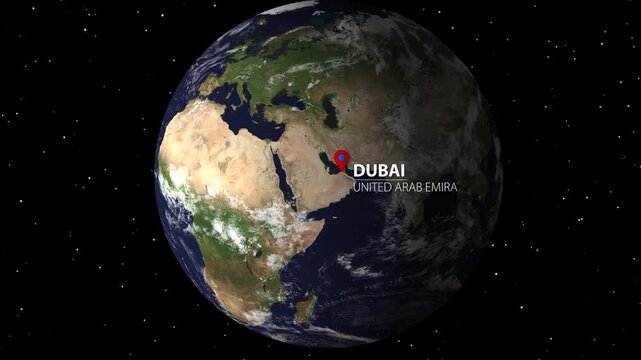 Seamless looping animation of earth rotating to dubai united arab emirates with zoom in through clouds.