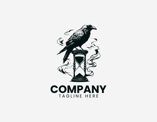 Fototapeta premium Black line illustration of raven perched on hourglass with smoke isolated on white background dark conceptual minimalist style symbolic