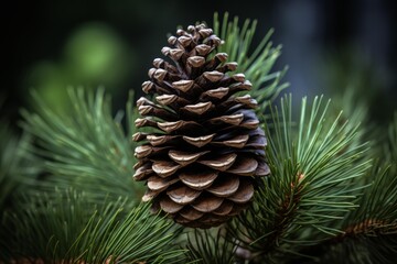 Fototapeta premium Close up of a mature pine cone growing on a pine branch, showcasing the intricate details of its scales and the surrounding needles