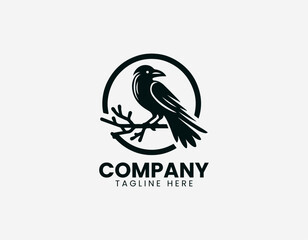 Obraz premium Black line illustration of raven sitting on circular tree branch isolated on white background dark minimalist style symbolic nature