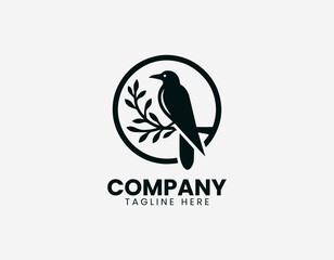 Obraz premium Black line illustration of raven sitting on circular tree branch isolated on white background dark minimalist style symbolic nature