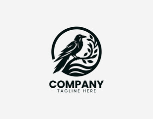 Naklejka premium Black line illustration of raven sitting on circular tree branch isolated on white background dark minimalist style symbolic nature
