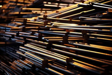 Obraz premium Reinforcing steel bars stacked for use in construction, creating an industrial, textured background