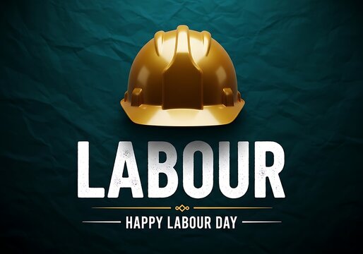 Labour day celebration with golden hard hat on crumpled dark green background