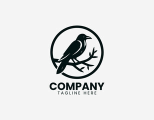 Naklejka premium Black line illustration of raven sitting on circular tree branch isolated on white background dark minimalist style symbolic nature