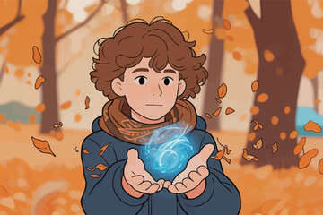 Naklejka premium Boy with Curly Hair Holding Blue Glowing Orb in Autumn