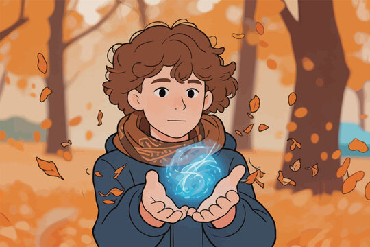 Boy with Curly Hair Holding Blue Glowing Orb in Autumn