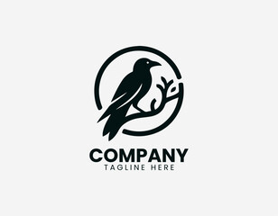 Naklejka premium Black line illustration of raven sitting on circular tree branch isolated on white background dark minimalist style symbolic nature