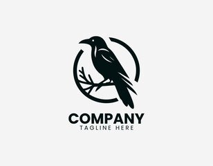 Naklejka premium Black line illustration of raven sitting on circular tree branch isolated on white background dark minimalist style symbolic nature