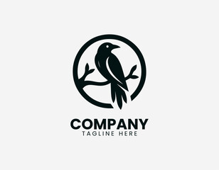 Naklejka premium Black line illustration of raven sitting on circular tree branch isolated on white background dark minimalist style symbolic nature