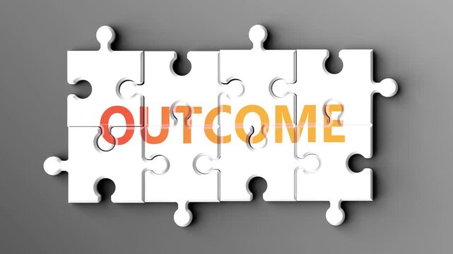Outcome being a complex topic - puzzle pieces with word outcome coming together to make a whole. Outcome made of many fitting parts, a compound subject.