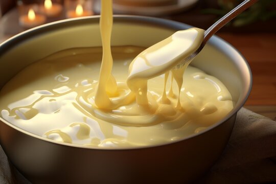 Melted white chocolate dripping from a spoon into a bain marie, creating smooth, swirling texture