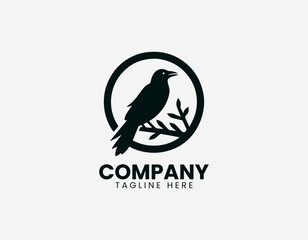 Naklejka premium Black line illustration of raven sitting on circular tree branch isolated on white background dark minimalist style symbolic nature