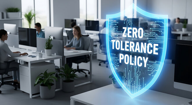 Zero tolerance policy displayed on a glowing digital blue shield within a contemporary corporate workplace environment to emphasize strict professional conduct and office regulation compliance.