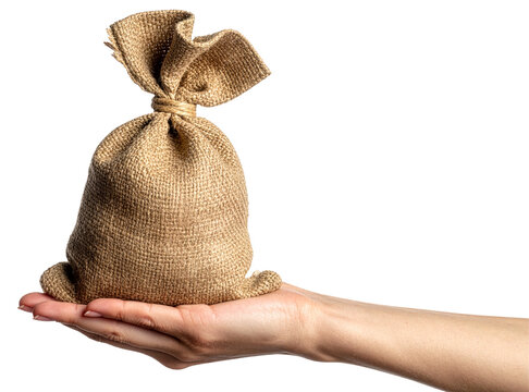 hand holding a brown sack isolated on white background