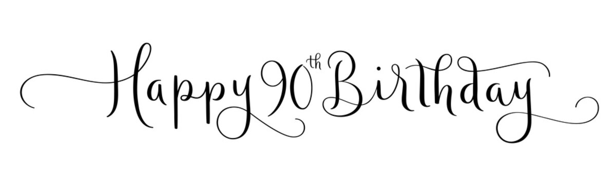 HAPPY 90th BIRTHDAY black brush calligraphy banner with flourishes on transparent background