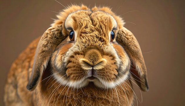 Close-up of a fluffy, reddish-brown lop-eared rabbit against a solid brown backdrop, focused with shallow depth