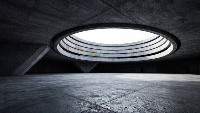 Modern concrete interior with circular skylight and industrial design