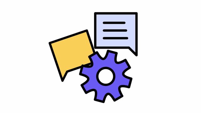 Illustration of a purple gear with two speech bubbles, representing communication, settings, and process management.