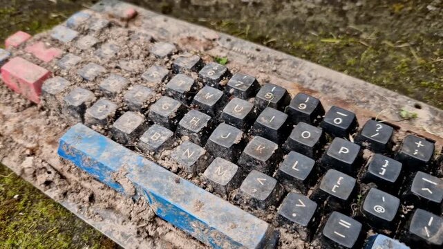 weathered, mechanical keyboard being overtaken by moss and soil. aesthetic solarpunk, clean it, do not plug it in. Powering up damp or corroded board will cause short circuit permanently fry rare chip