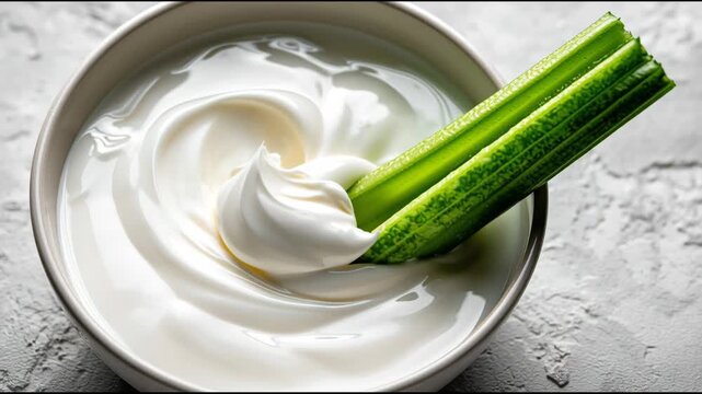 Creamy yogurt dip with fresh green celery sticks being dipped into a bowl, showcasing a smooth texture and vibrant color contrast in a well-lit setting